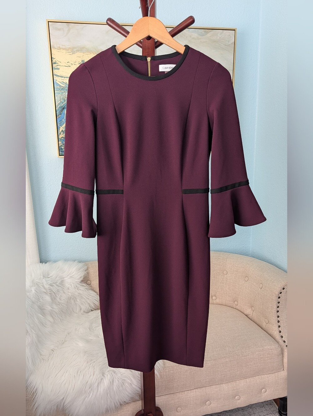 Calvin Klein Dress Bell Sleeve Gold Zipper Woman's Sz 4 . - Picture 4 of 12